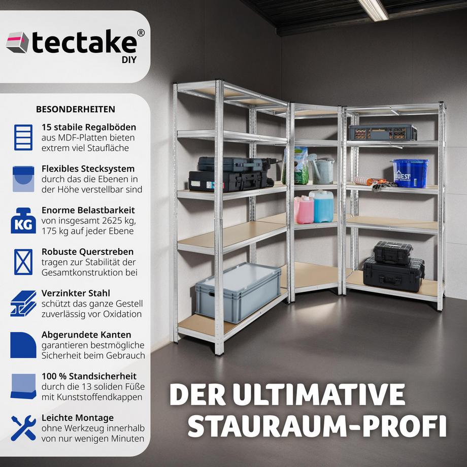 Tectake Schwerlastregalsystem Gustav 3-teilig, 2 in 1 Verwendung als Werkbänke verzinktes Stahlgestell  