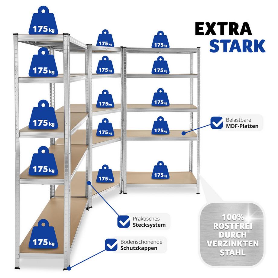 Tectake Schwerlastregalsystem Gustav 3-teilig, 2 in 1 Verwendung als Werkbänke verzinktes Stahlgestell  