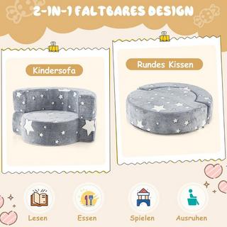 Northix Canapé pour enfants 2 en 1, canapé de jeu rond brillant dans le noir, canapé pour enfants rembourré avec housse amovible grise  