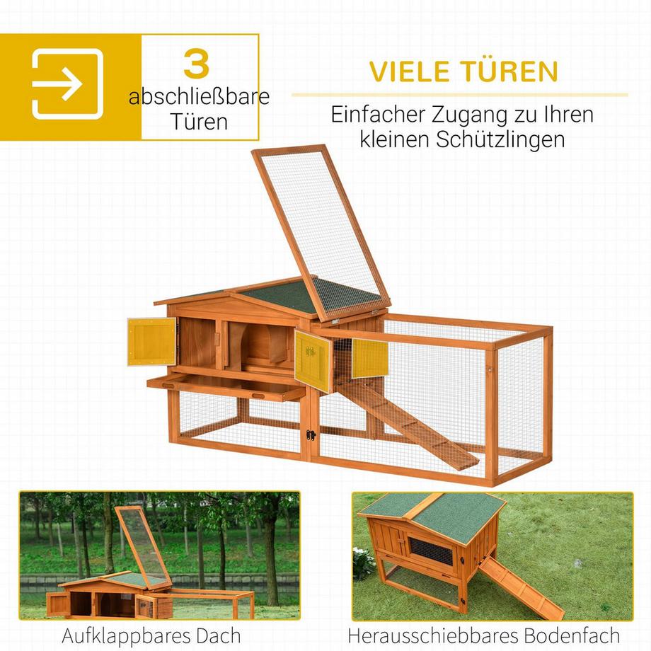 Northio Kleintierstall Tannenholz Kleintierhaus Mit Asphaltdach Kleintierkäfig Mit Bodenwanne Und Rampe Gehege Outdoor Indoor Orange 156 X 58 X 68 Cm  