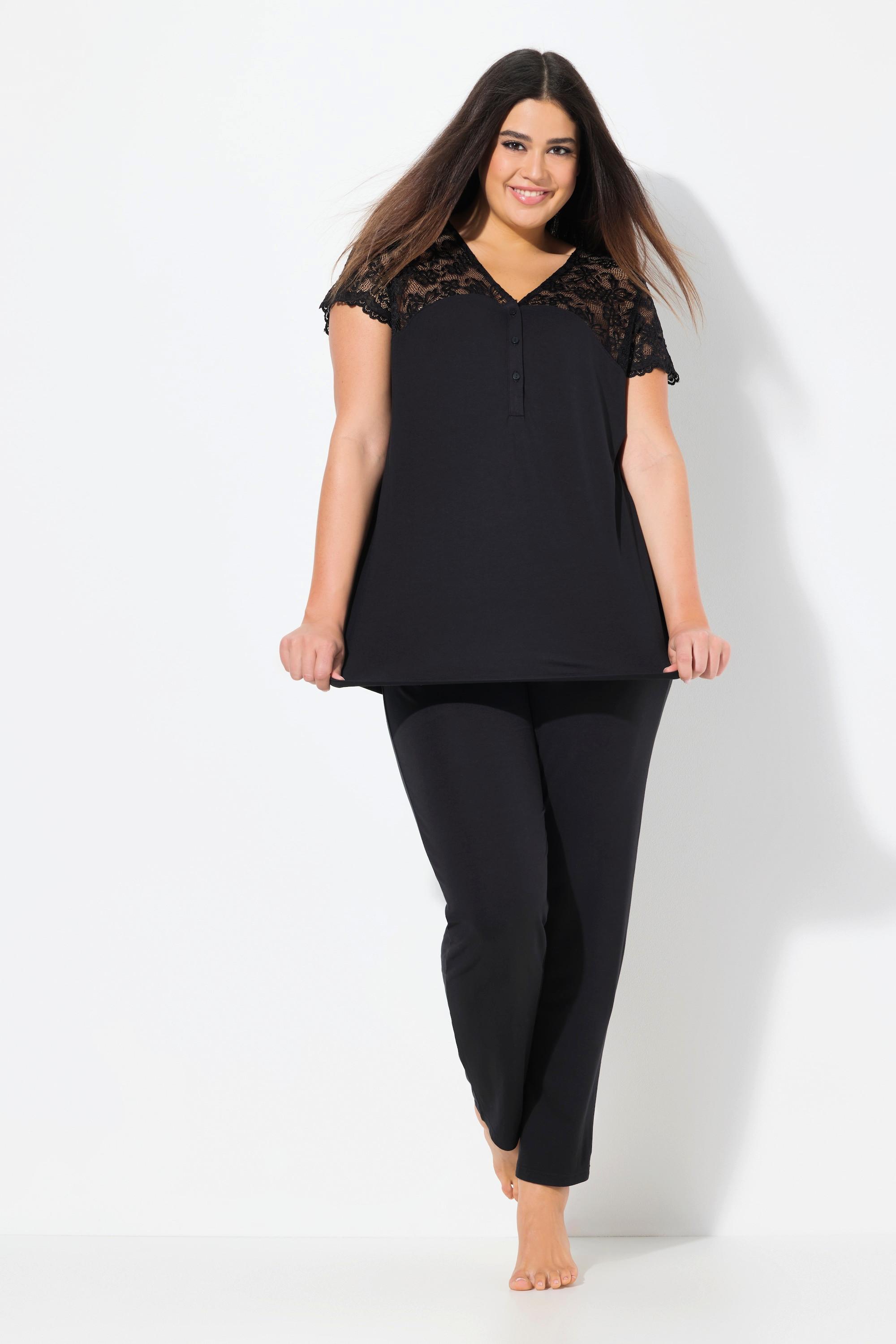 Ulla Popken Pigiama Pizzo Scollo V Maniche Corte Pizzo  