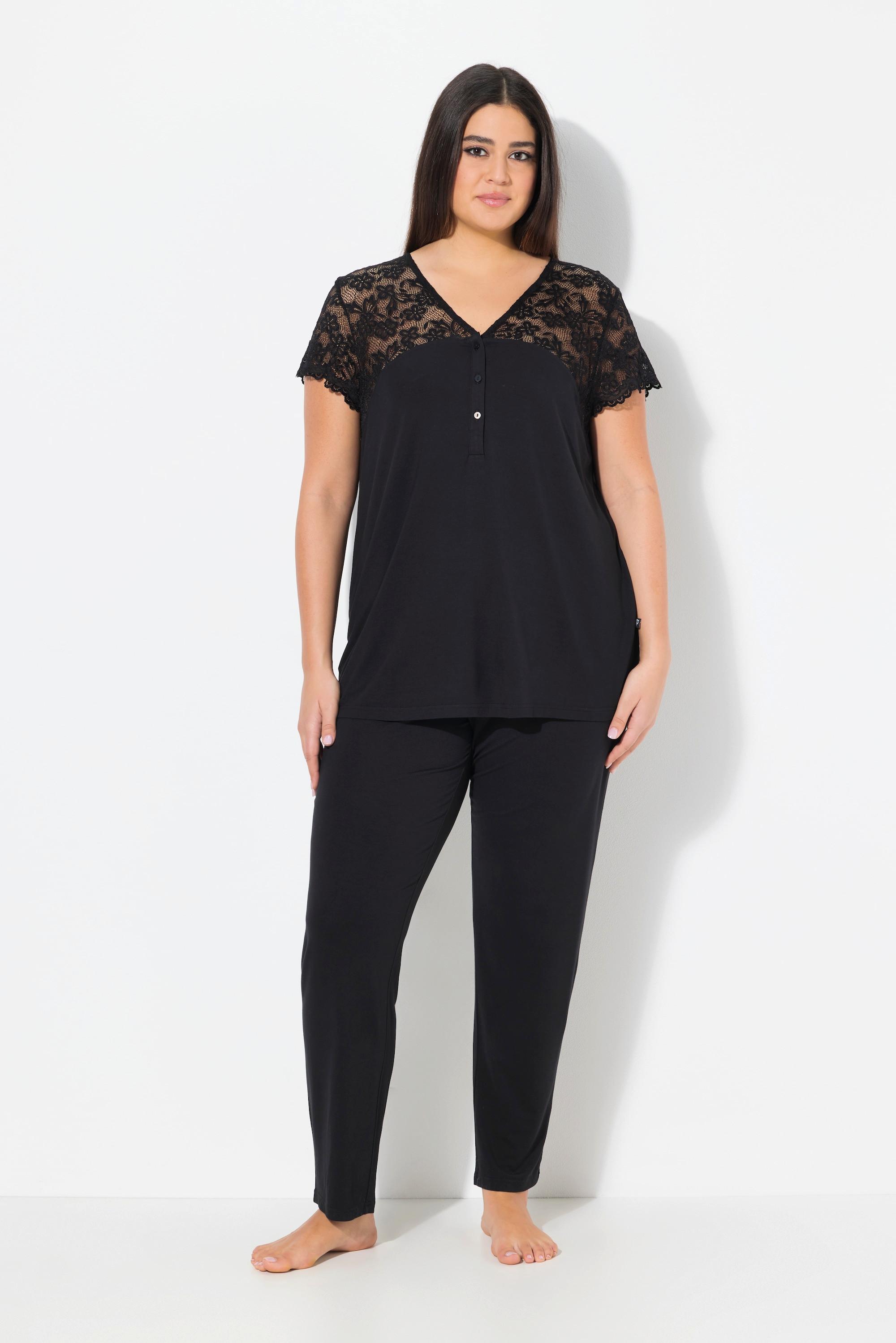 Ulla Popken Pigiama Pizzo Scollo V Maniche Corte Pizzo  