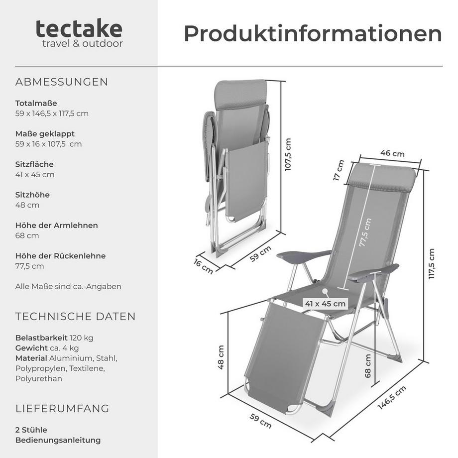 Tectake 2er Set Gartenstuhl Jana klappbar Textilene-Gewebe mit Aluminiumgestell  