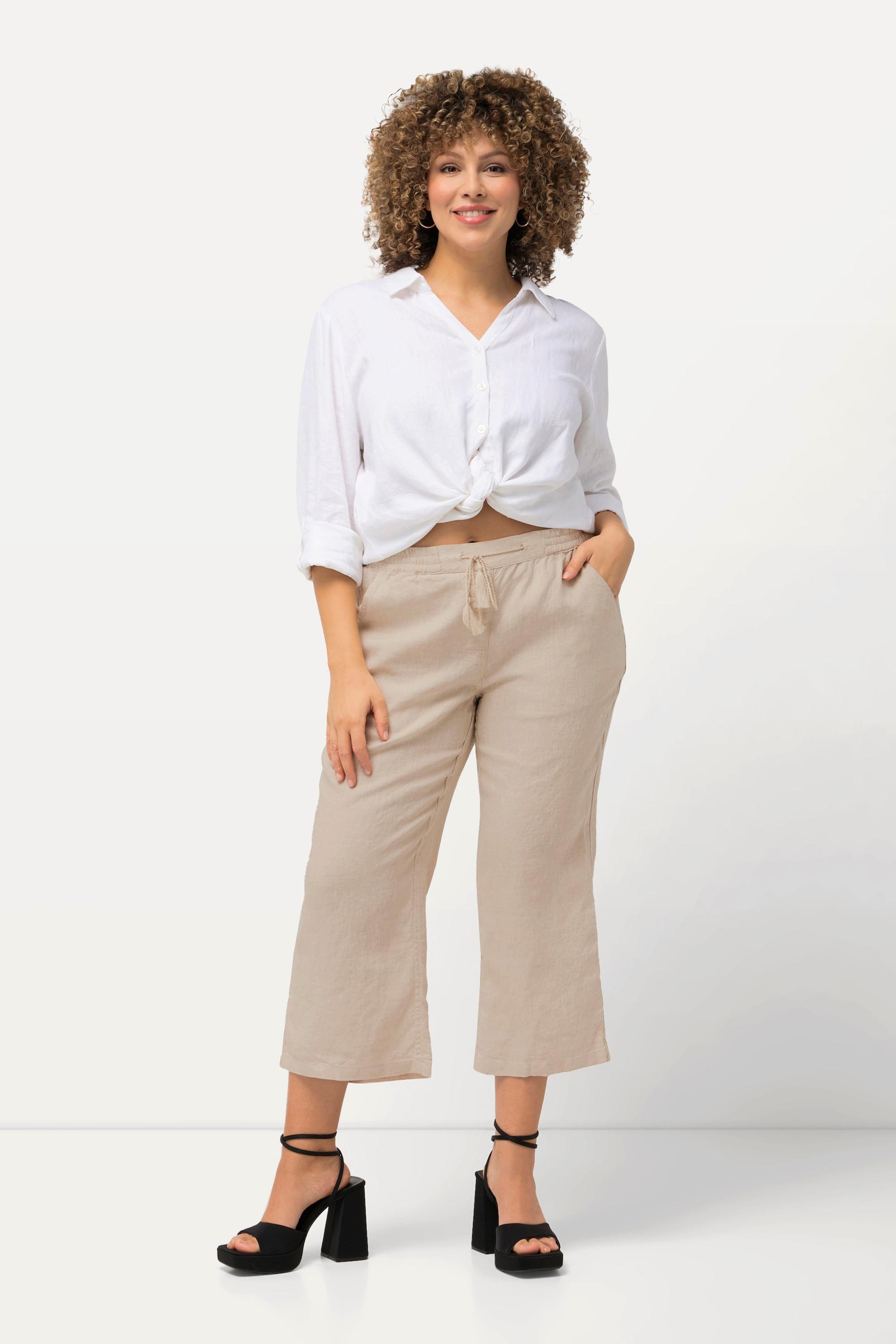 Ulla Popken  Pantaloni di lino a 7/8 naturalmente freschi con cintura elastica 