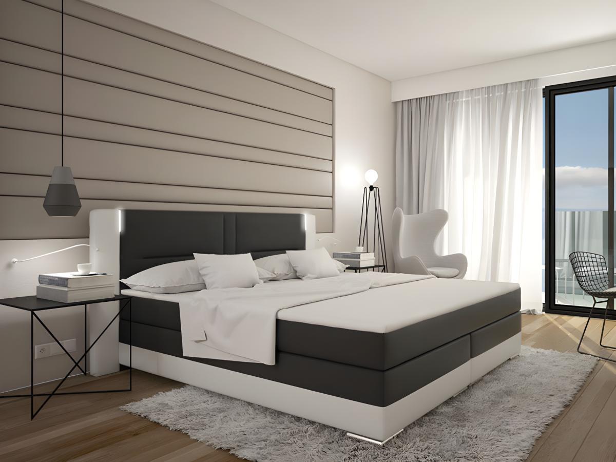 DREAMEA Set boxspring completo testata con LED + reti + materasso + toppersimilpelle Bianco e Grigio ASTI  