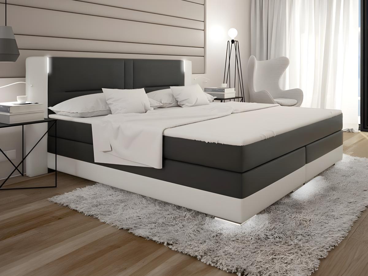 DREAMEA Set boxspring completo testata con LED + reti + materasso + toppersimilpelle Bianco e Grigio ASTI  