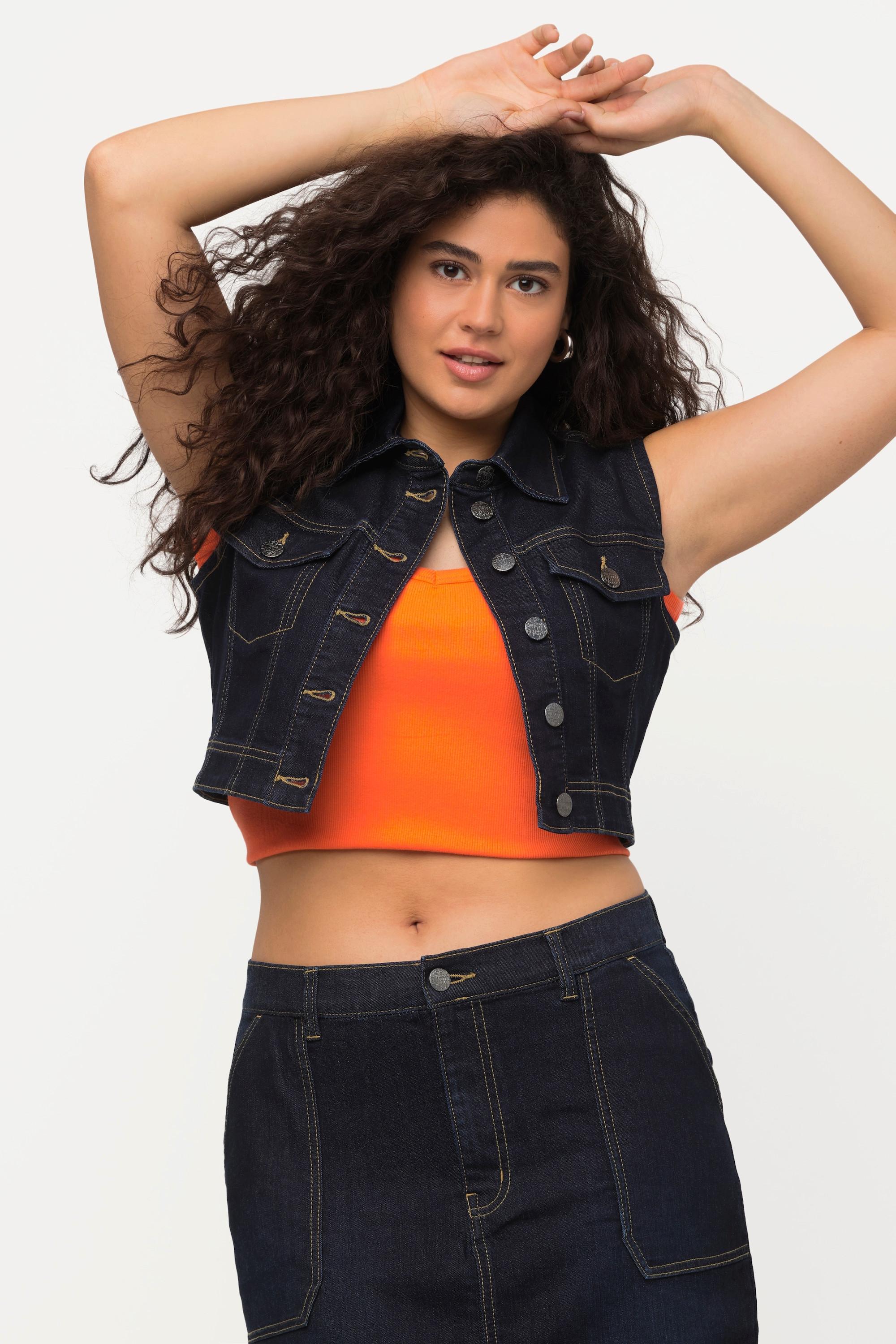 Ulla Popken Kurze Slim ärmellose Jeansweste Hemdkragen  