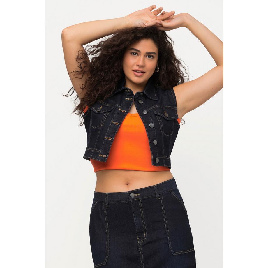 Ulla Popken Kurze Slim ärmellose Jeansweste mit Hemdkragen  