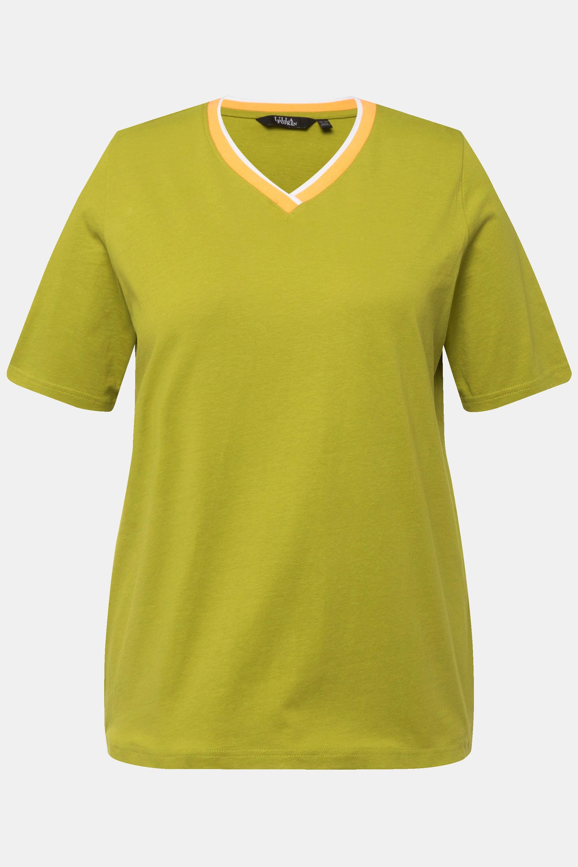 Ulla Popken  T-shirt con orli a righe, scollo a V e mezze maniche 