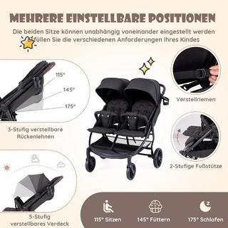 Northio  Poussette jumelle pliable avec dossier réglable, poussette jumelle portable gris foncé 