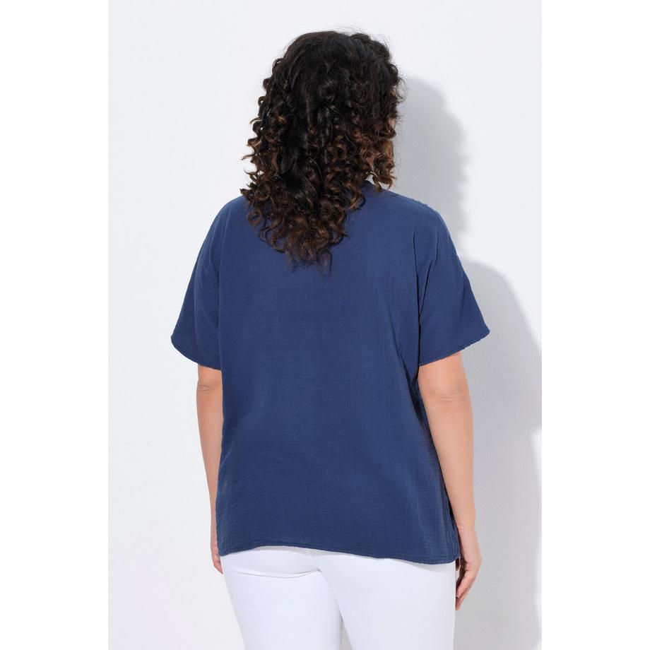 Ulla Popken Chemisier Mousseline Oversize Passepoils Col V Manches Courtes  