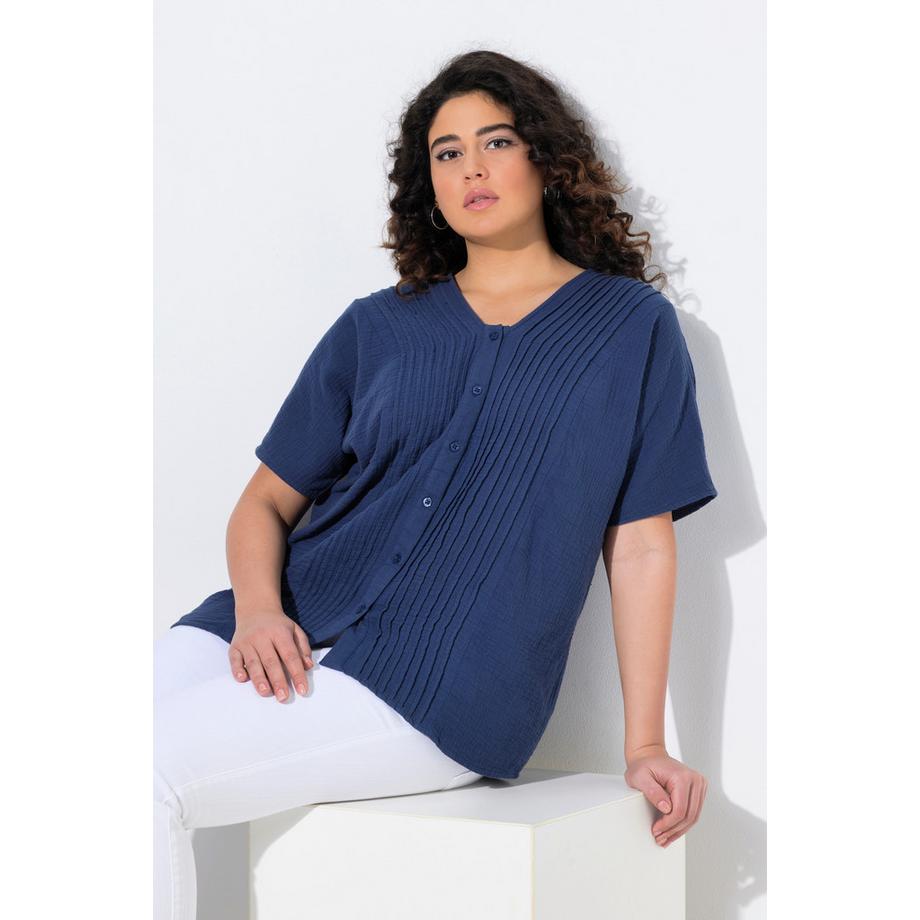 Ulla Popken Chemisier Mousseline Oversize Passepoils Col V Manches Courtes  