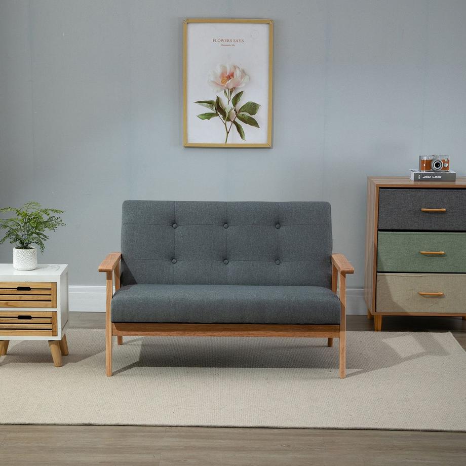 Northio Doppelsofa Polsterung Loveseat, Kompaktes Design, Zweisitzer, Stoffsofa, 2-Sitzer, Leinen & Gummiholz, Grau, 115X66,5X73Cm  