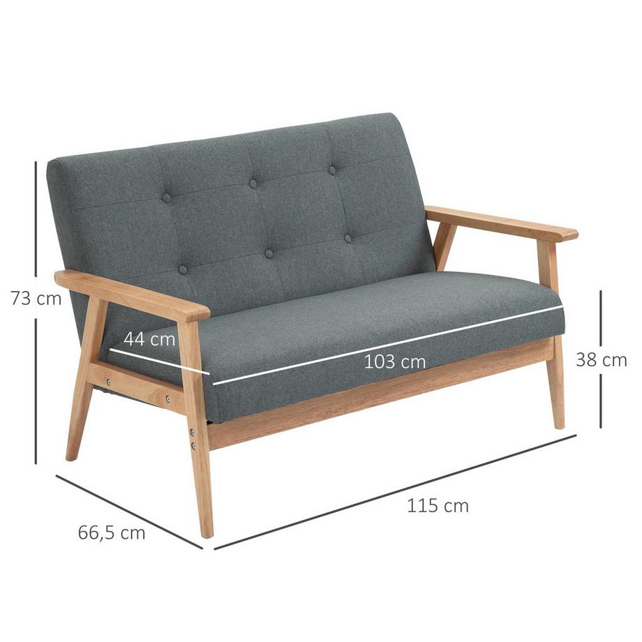 Northio Doppelsofa Polsterung Loveseat, Kompaktes Design, Zweisitzer, Stoffsofa, 2-Sitzer, Leinen & Gummiholz, Grau, 115X66,5X73Cm  