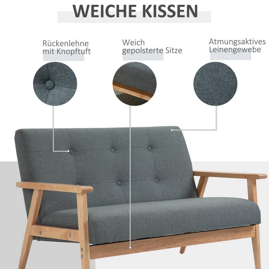 Northio Doppelsofa Polsterung Loveseat, Kompaktes Design, Zweisitzer, Stoffsofa, 2-Sitzer, Leinen & Gummiholz, Grau, 115X66,5X73Cm  