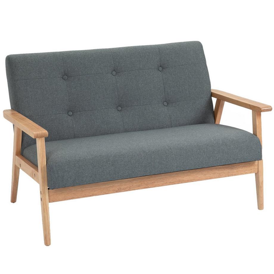 Doppelsofa Polsterung Loveseat, Kompaktes Design, Zweisitzer, Stoffsofa, 2-Sitzer, Leinen & Gummiholz, Grau, 115X66,5X73Cm