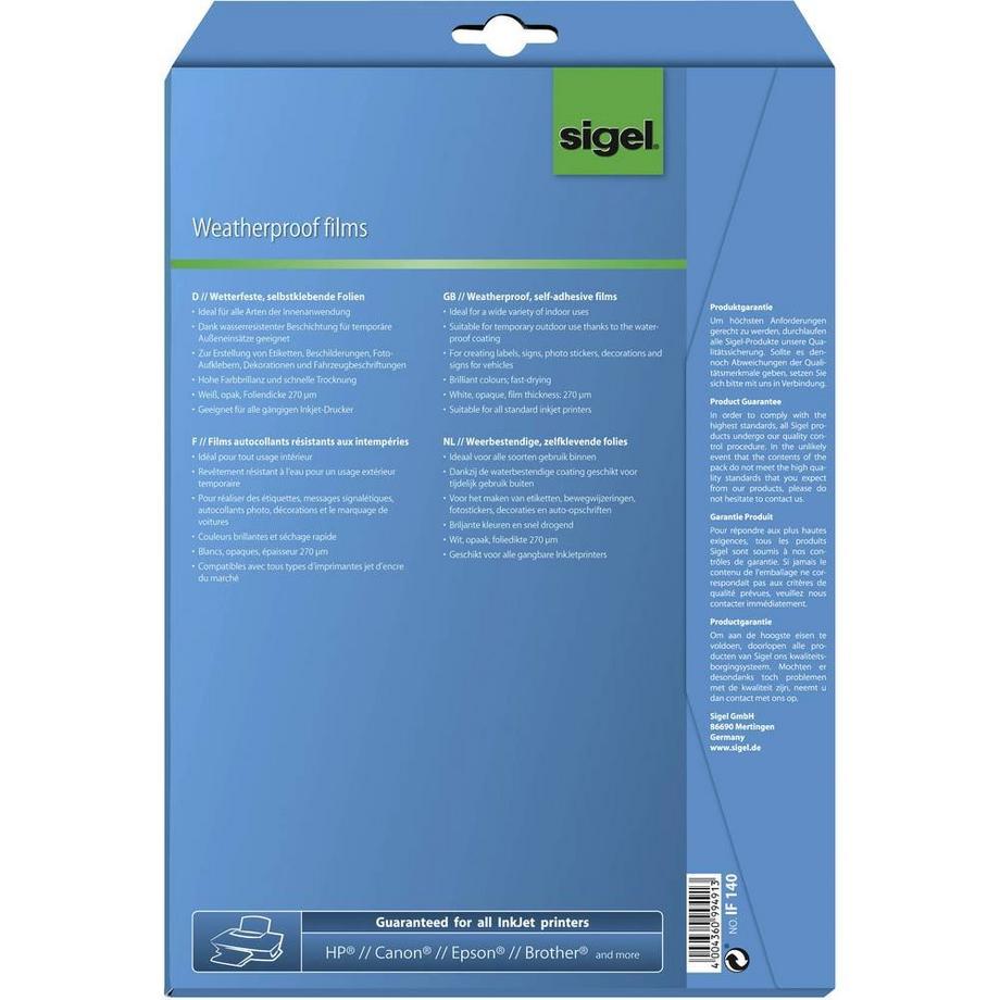 Sigel  InkJet-Folien, wetterfest, 270 µm, A4, 10 Blatt 