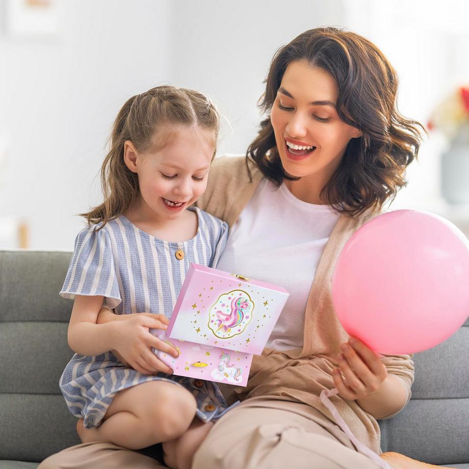 Only-bags.store  Musikalisches Schmuckkästchen mit Einhorn-Schmuckset, Kinderschmuckkästchen, Spieluhr mit Regenbogenpony 