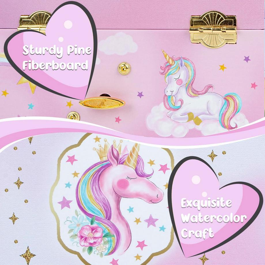 Only-bags.store  Musikalisches Schmuckkästchen mit Einhorn-Schmuckset, Kinderschmuckkästchen, Spieluhr mit Regenbogenpony 