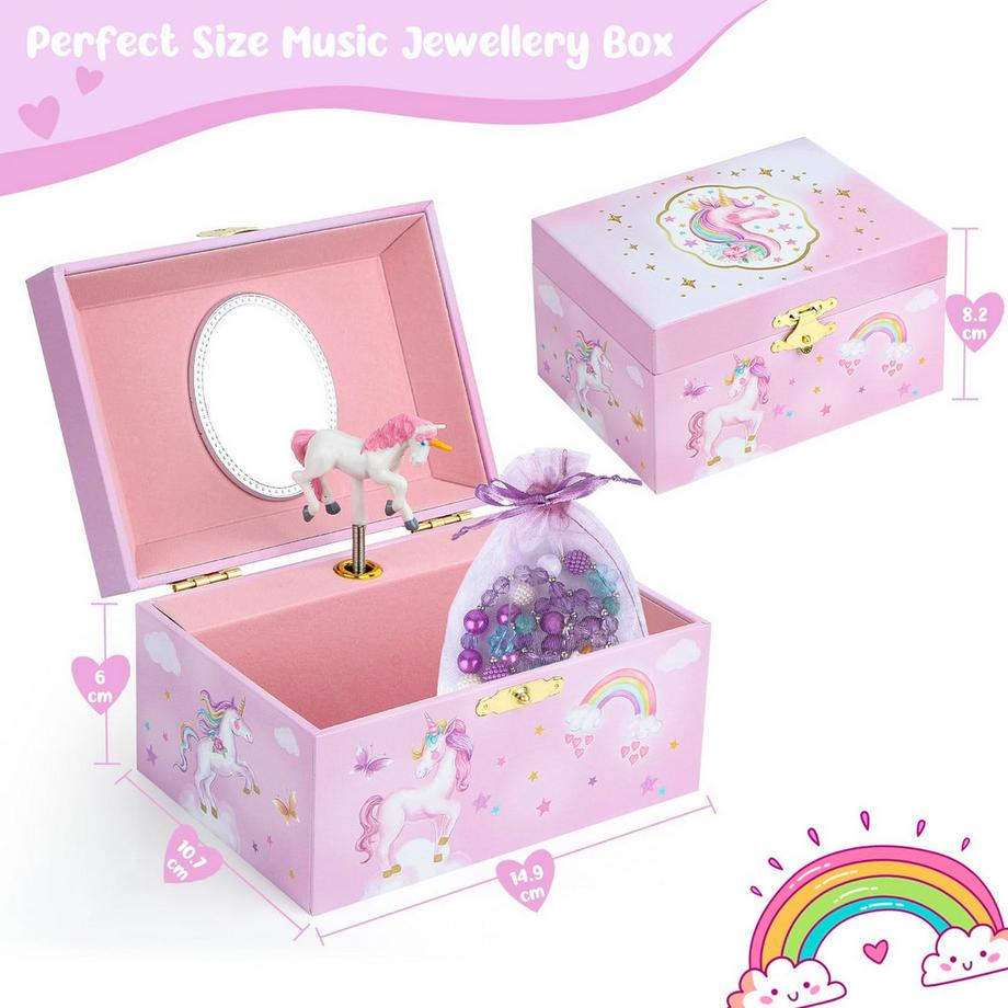 Only-bags.store  Musikalisches Schmuckkästchen mit Einhorn-Schmuckset, Kinderschmuckkästchen, Spieluhr mit Regenbogenpony 
