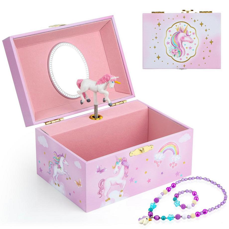 Only-bags.store  Musikalisches Schmuckkästchen mit Einhorn-Schmuckset, Kinderschmuckkästchen, Spieluhr mit Regenbogenpony 
