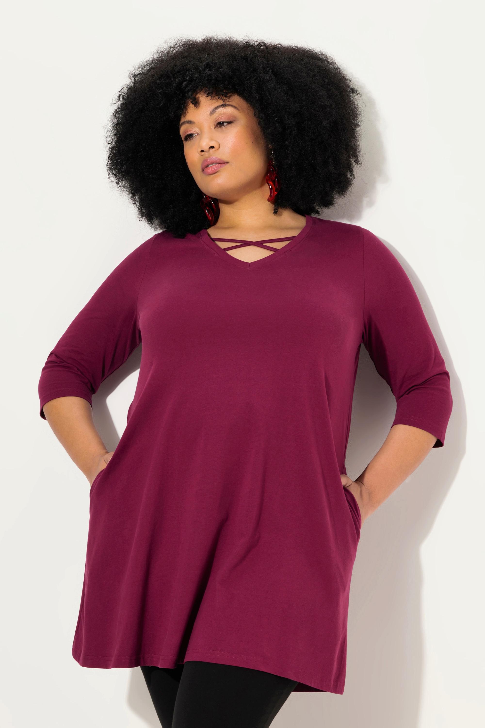 Ulla Popken  Longshirt, Zierbänder, A-Linie, V-Ausschnitt, 3/4-Arm 