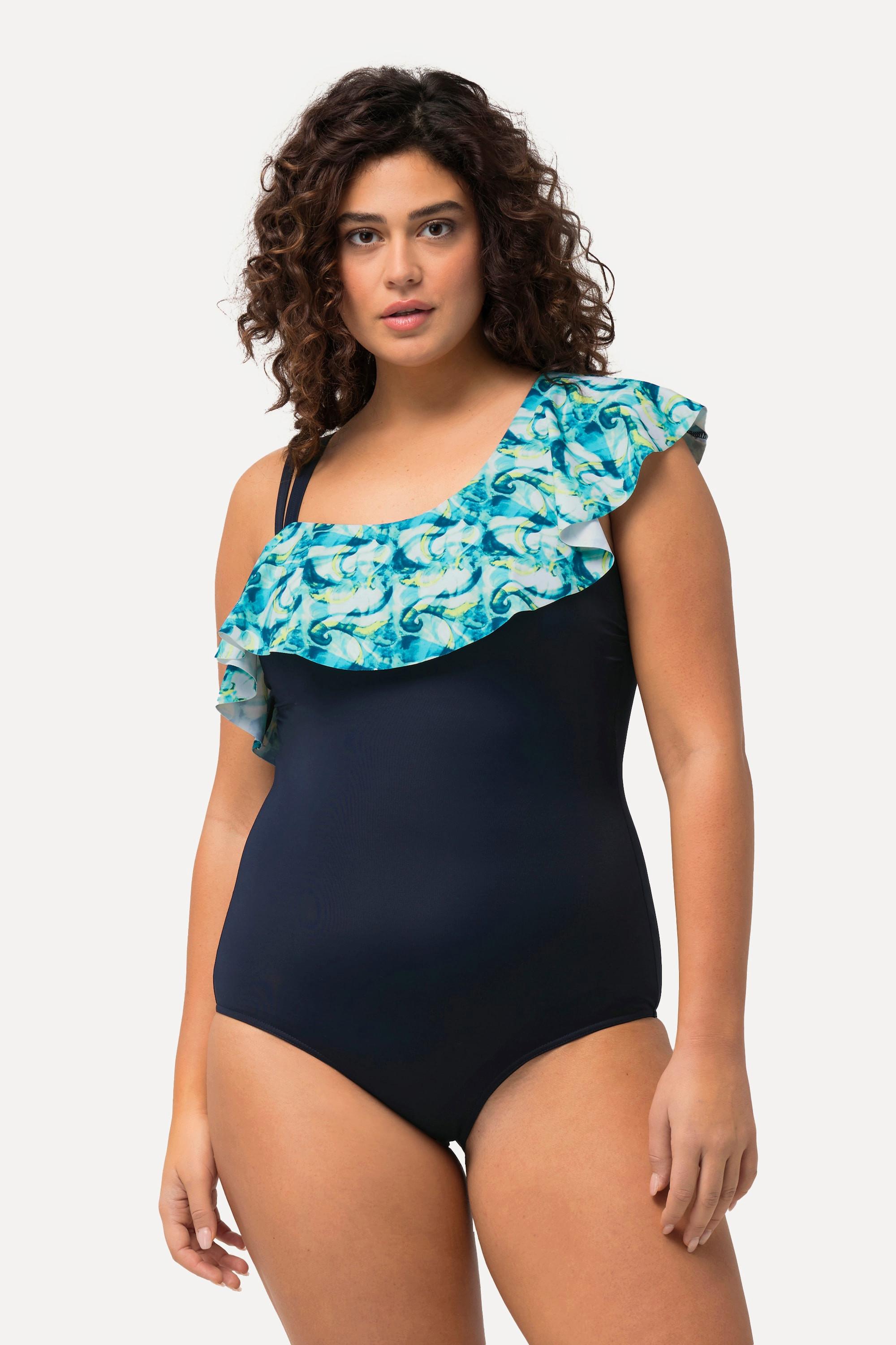 Ulla Popken  Maillot de bain, bonnets souples et volant. Décolleté asymétrique 