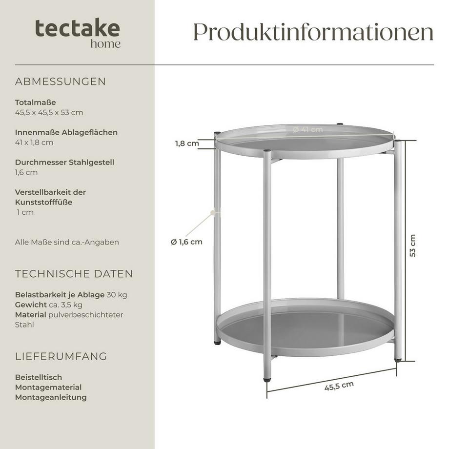 Tectake Beistelltisch Oxford Stahl rund mit abnehmbaren Ablagen  