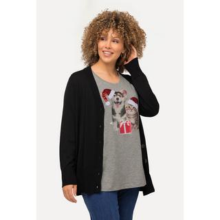 Ulla Popken  T-shirt de Noël à col rond et manches 3/4, ligne en A et strass 