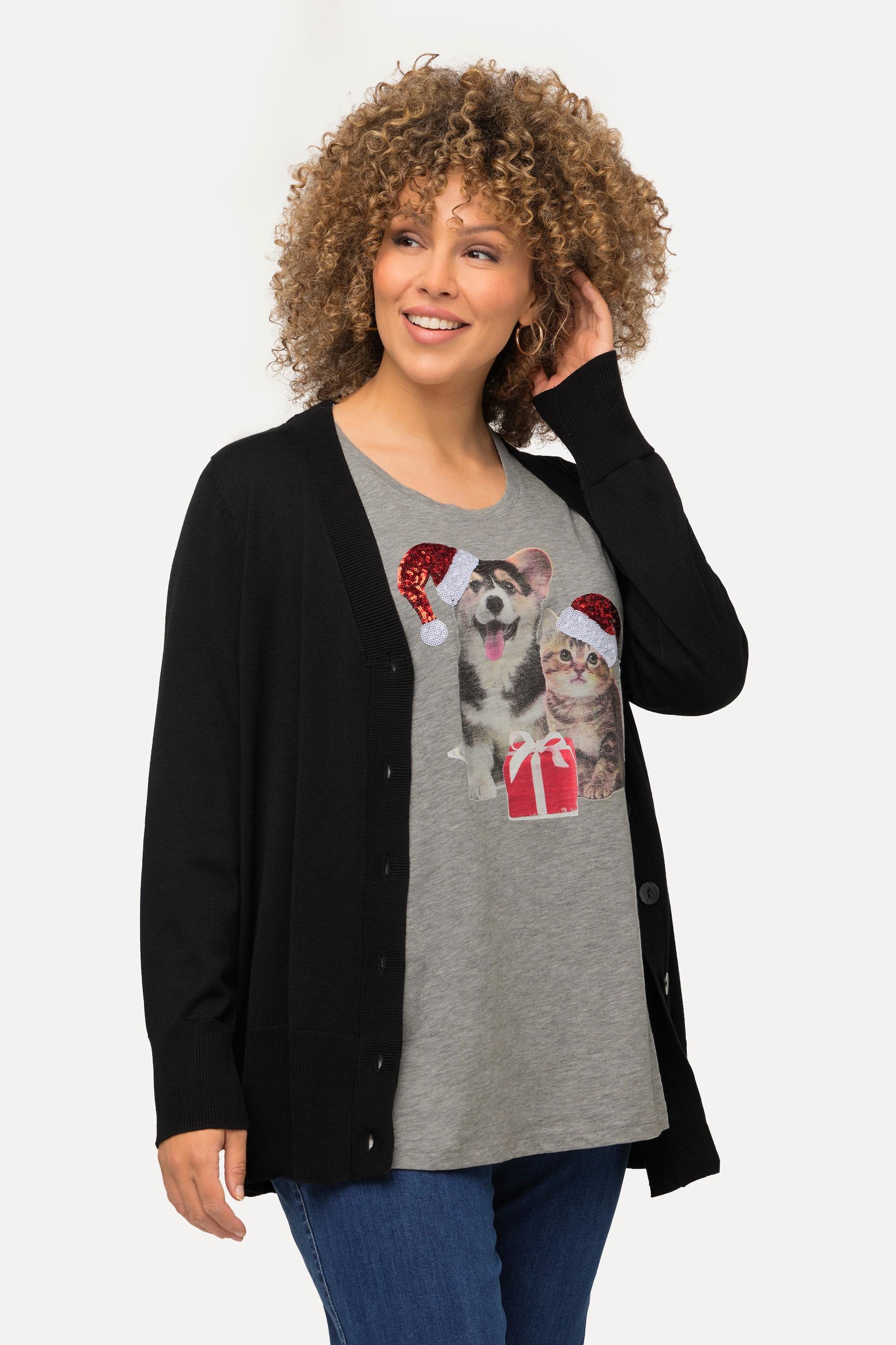 Ulla Popken  T-shirt de Noël à col rond et manches 3/4, ligne en A et strass 