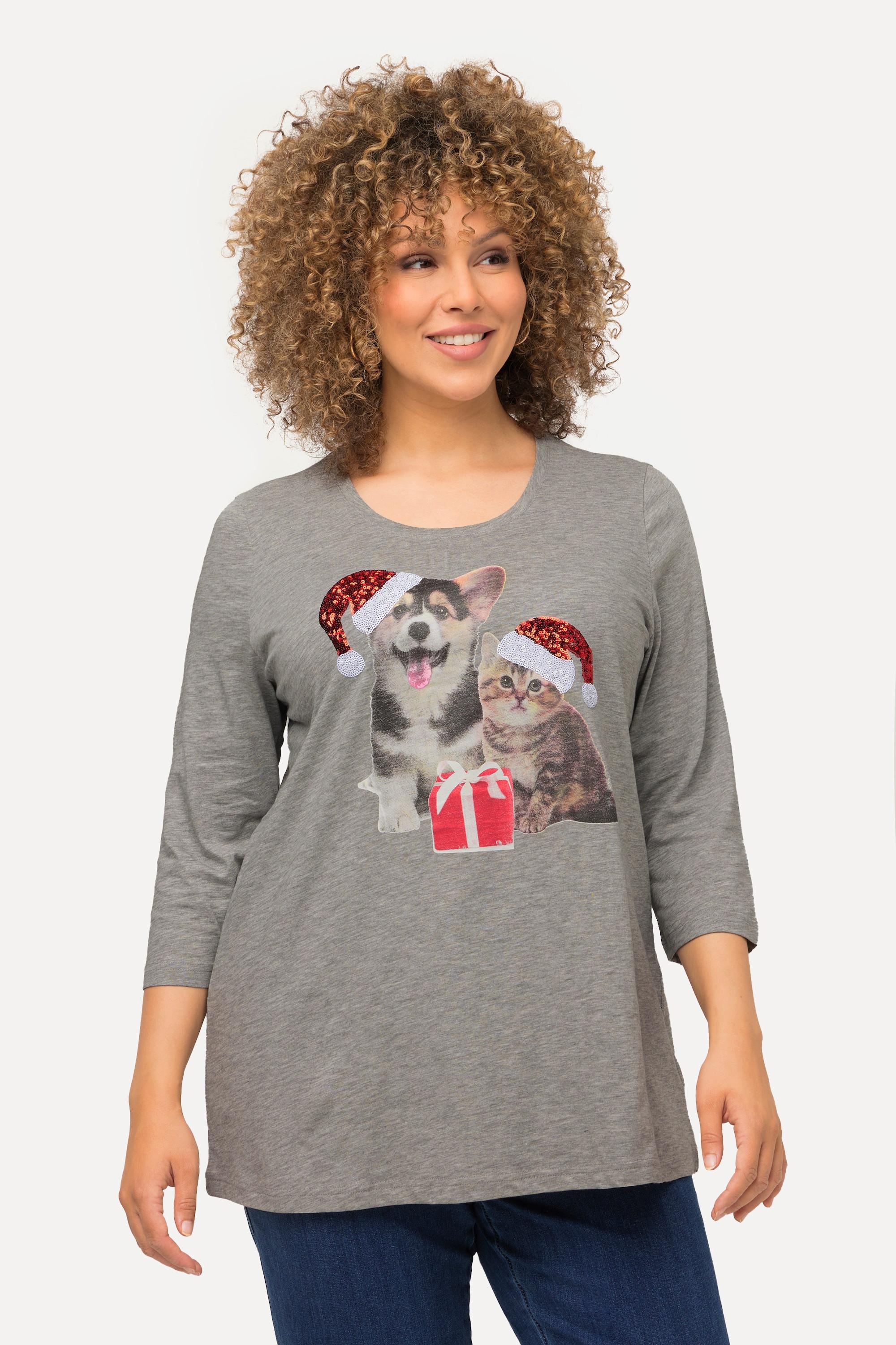 Ulla Popken  T-shirt de Noël à col rond et manches 3/4, ligne en A et strass 