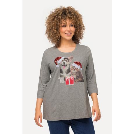 Ulla Popken  T-shirt de Noël à col rond et manches 3/4, ligne en A et strass 