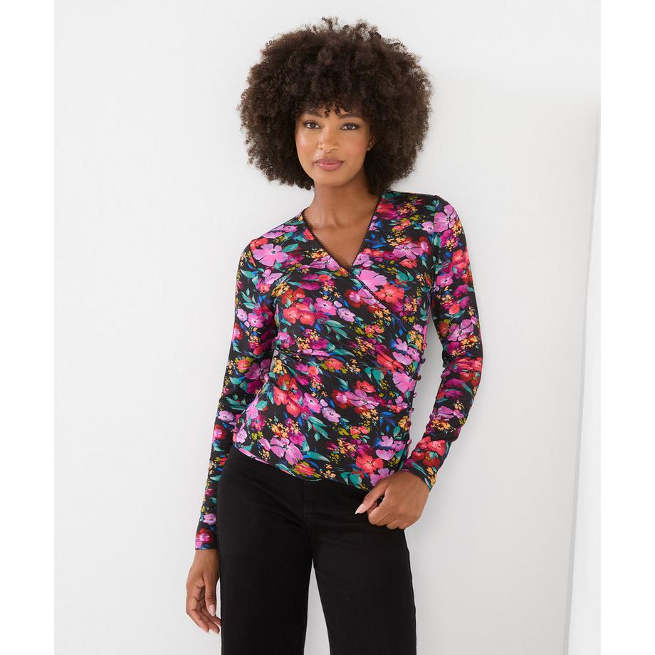 Henley-Shirt aus Jersey in Wickeloptik mit Blumenprint