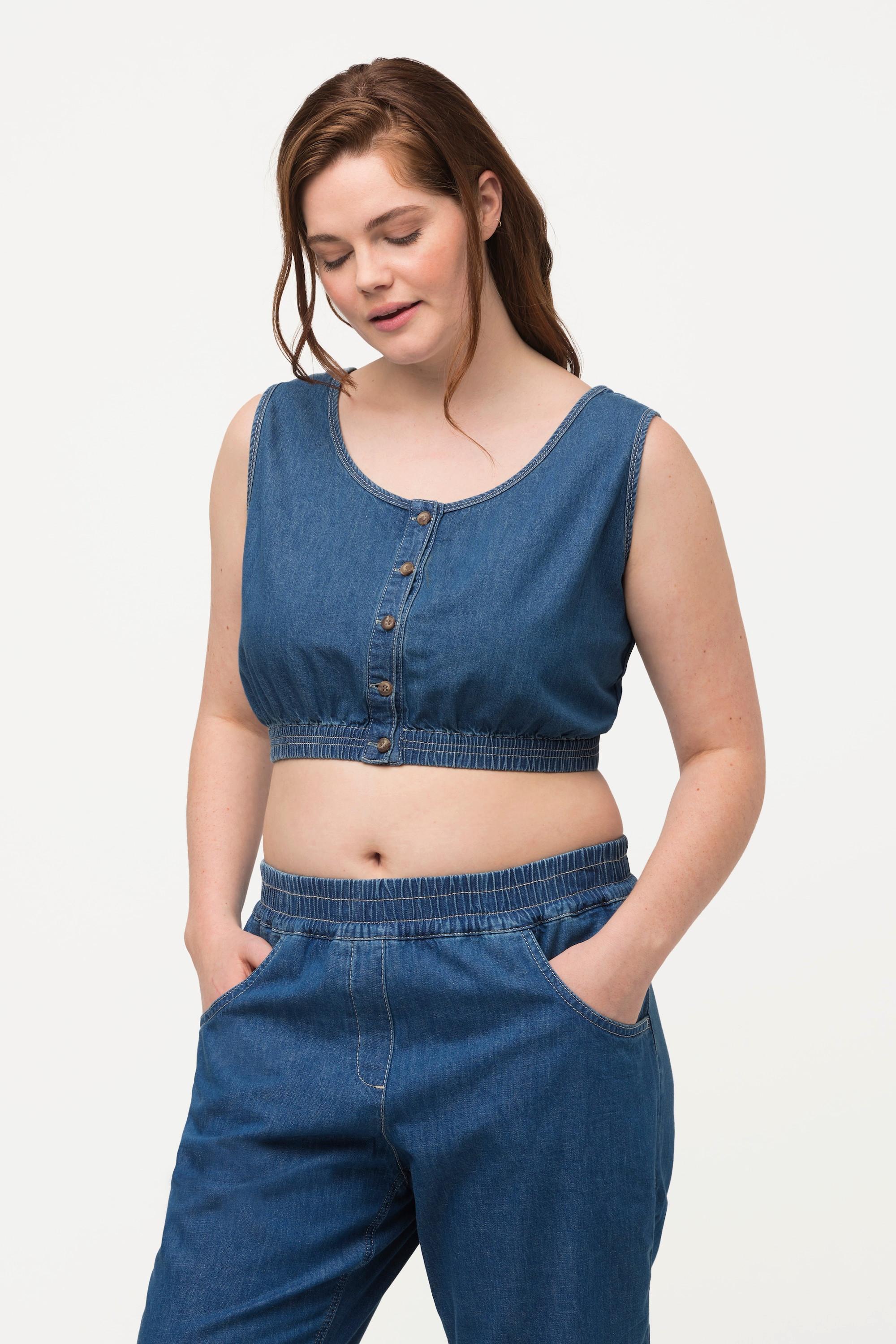 Ulla Popken  Bustier di cotone biologico con effetto jeans e scollo rotondo 