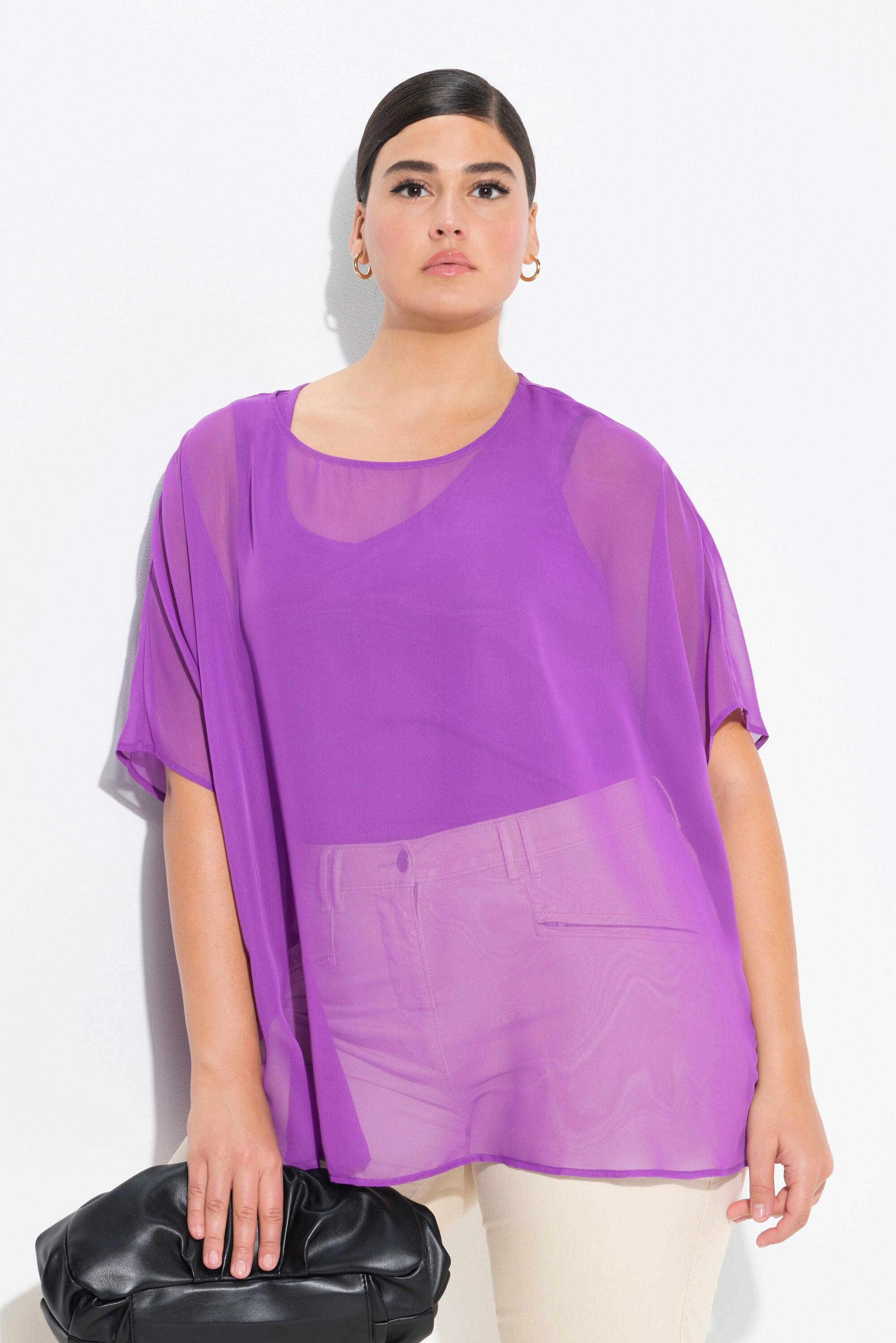 Ulla Popken Blouse Oversized Col Rond Manches Courtes en Chiffon  