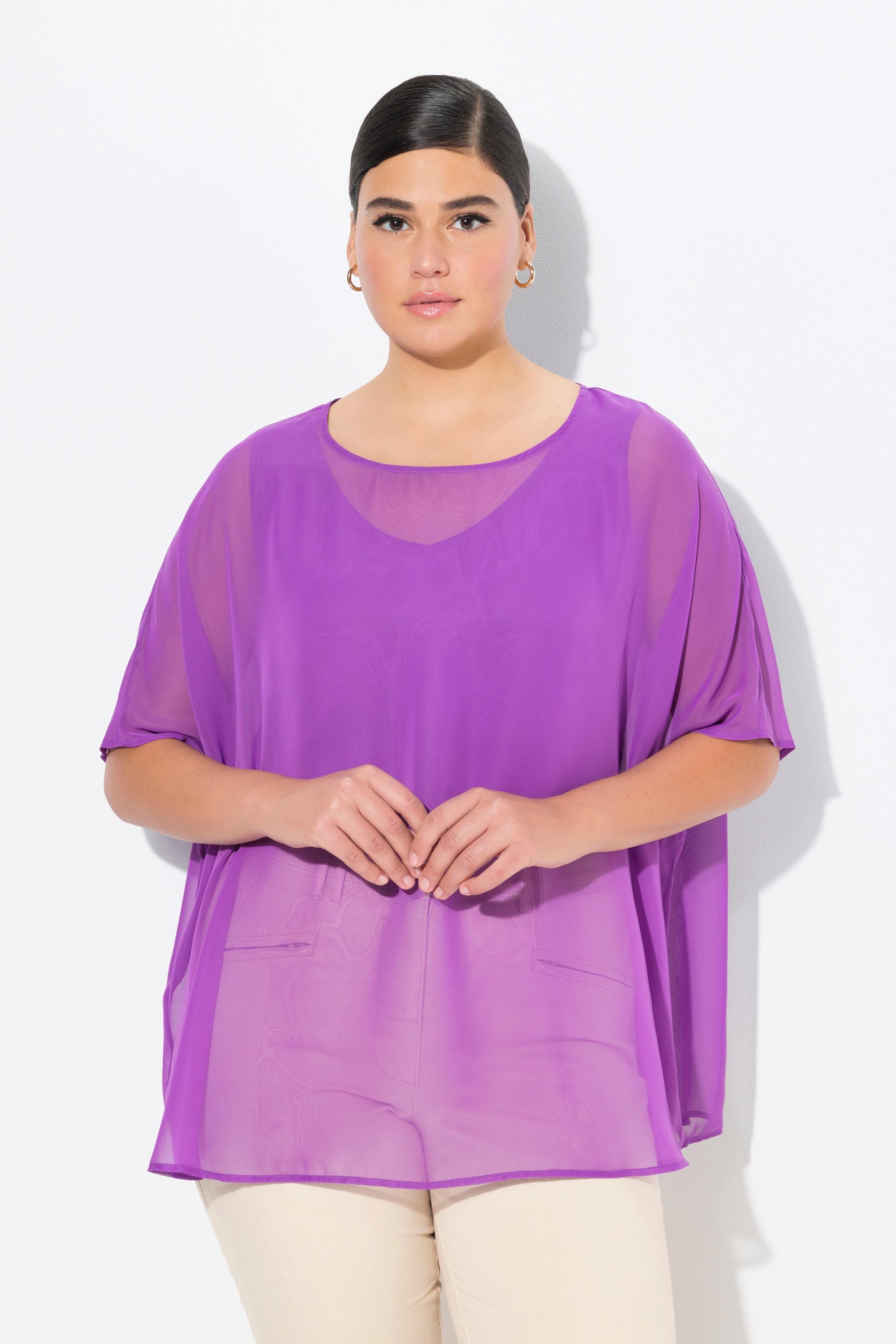 Ulla Popken Blouse Oversized Col Rond Manches Courtes en Chiffon  