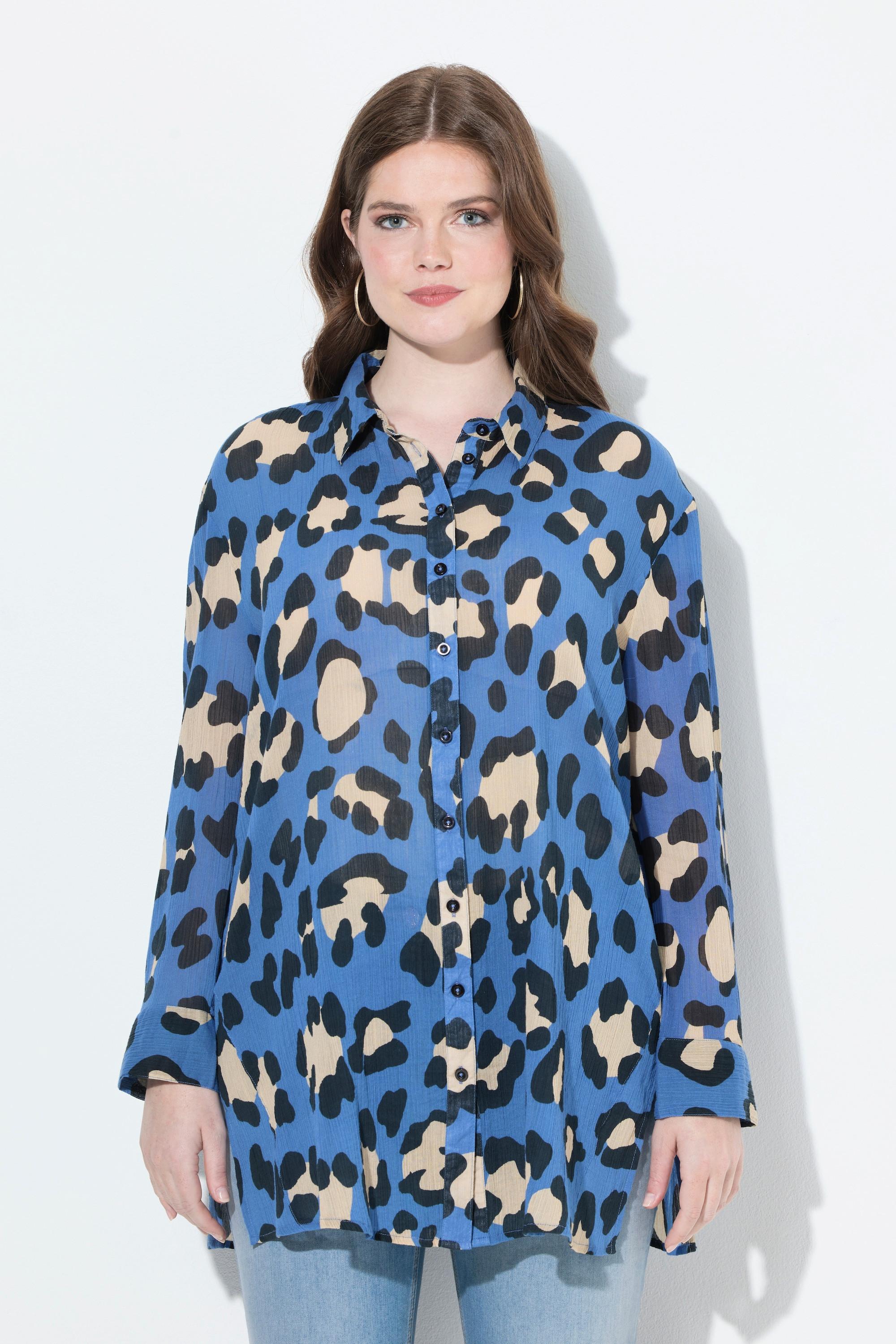 Ulla Popken Blusa Maniche Lunghe Stampa Leopardata Collo Camicia  