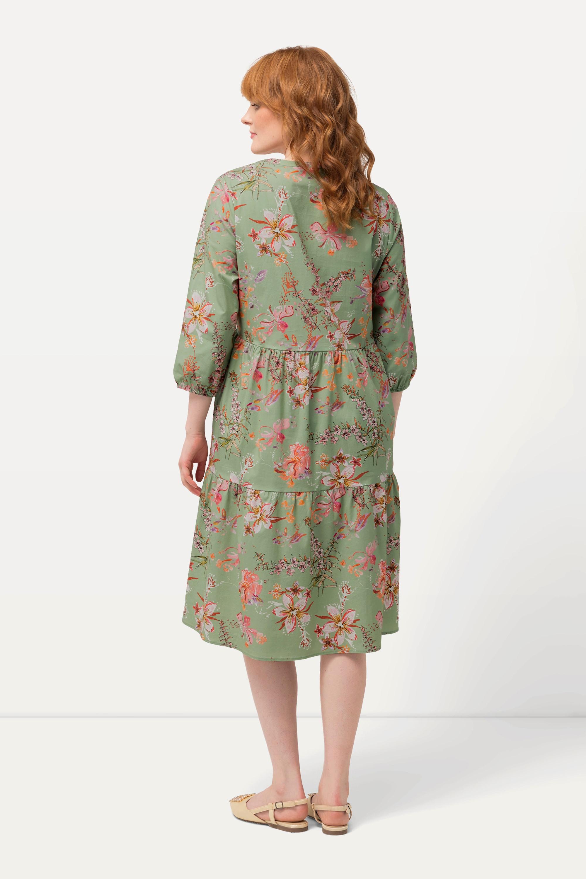 Ulla Popken Robe tunique imprimé floral décolleté en V manches 3/4  