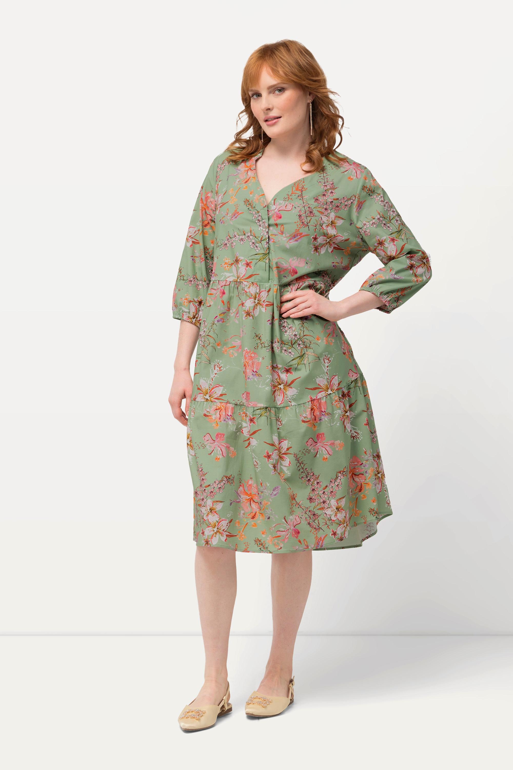 Ulla Popken Robe tunique imprimé floral décolleté en V manches 3/4  