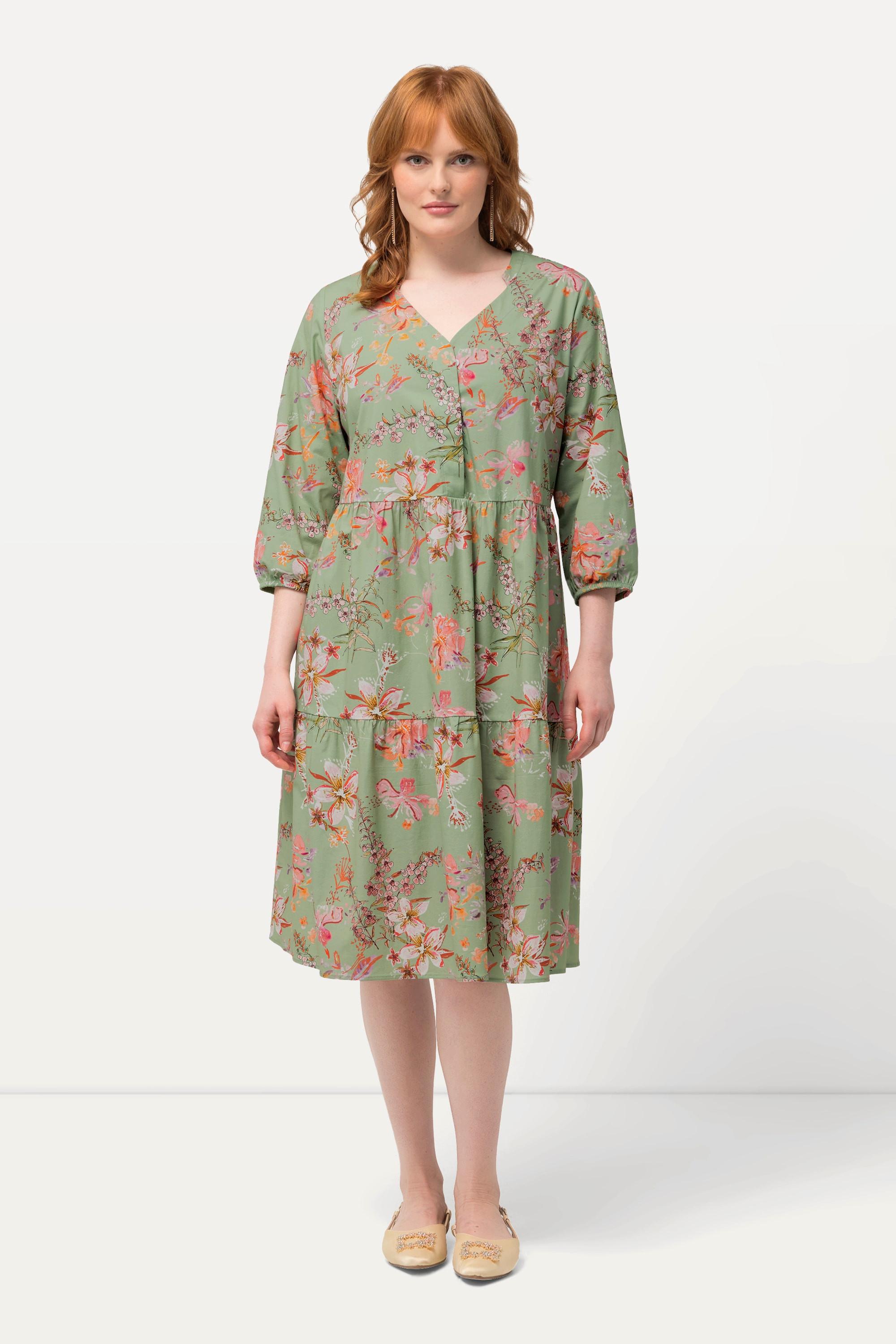 Ulla Popken Robe tunique imprimé floral décolleté en V manches 3/4  