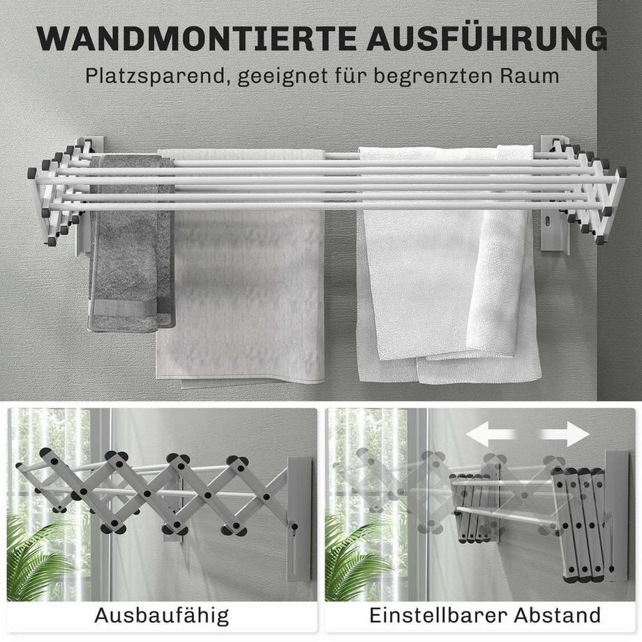 Northio  Wäscheständer Wand Ausziehbar Wäschetrockner Wandmontage mit 8 Stangen aus Aluminium, Platzsparender Trockenständer für Drinnen und Draußen 86 x 61 x 22 cm, Silber | 