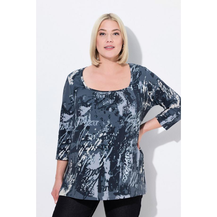 Ulla Popken T-shirt Plis Fantaisie Décolleté Carré Manches 3/4 Coupe Évasée  