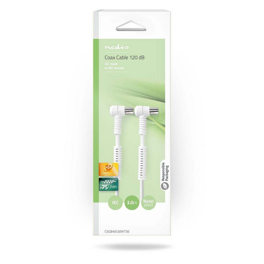 Nedis  Koaxialkabel | IEC (Koax) Stecker | IEC (Koax) Buchse | Vernickelt | 120 dB | 75 Ohm | Vier Schirme | 3,00 m | Rund | PVC | Weiß | Verpackt 