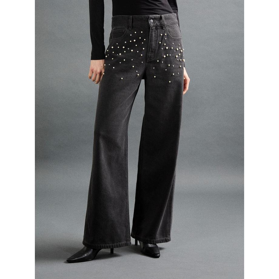 APRICOT Jean à jambes larges orné de perles et strass  