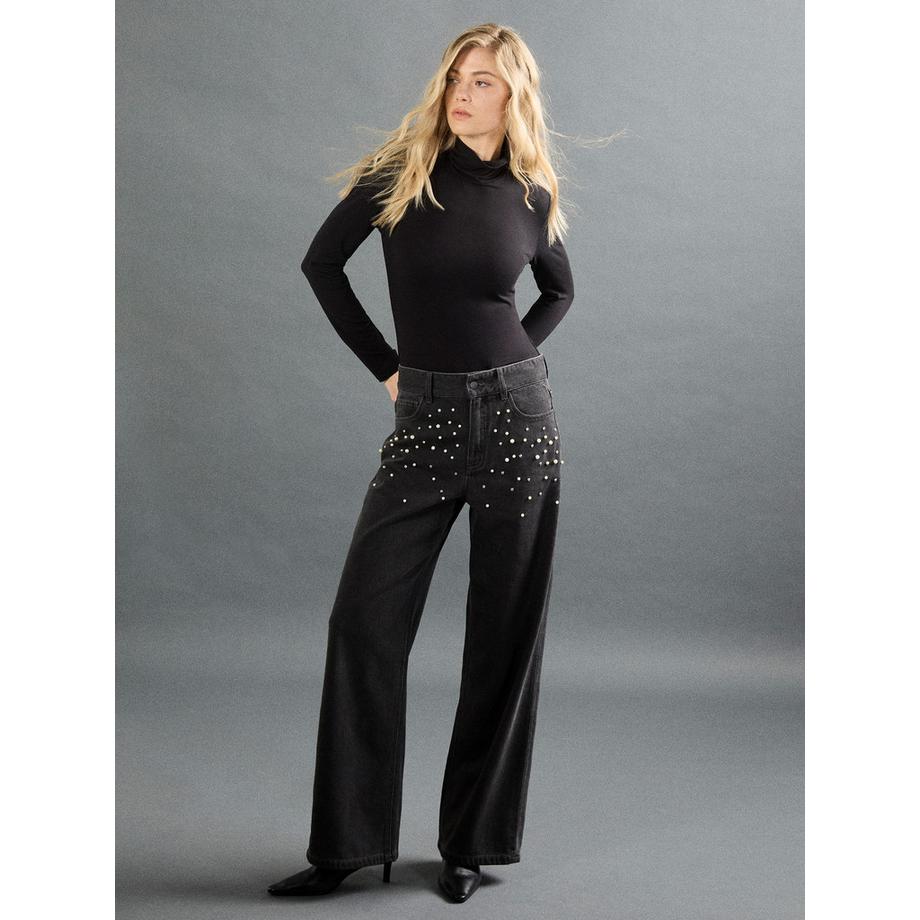 APRICOT Jean à jambes larges orné de perles et strass  