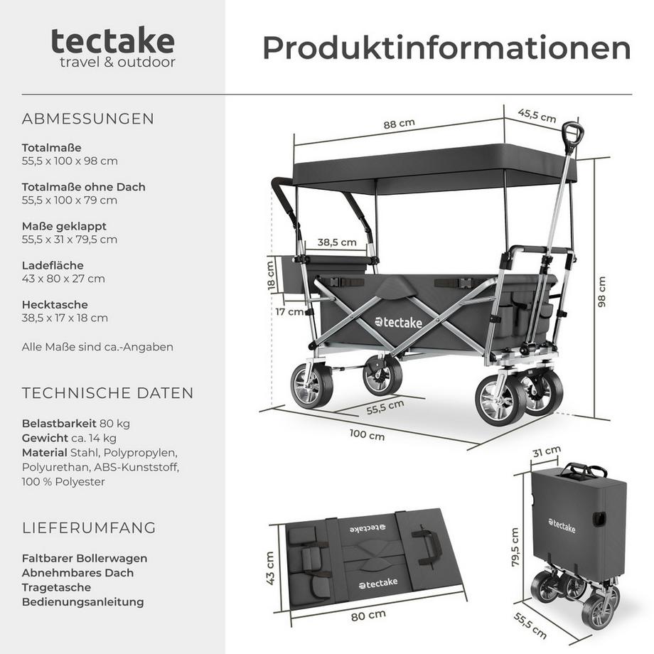 Tectake  Chariot de jardin et de transport NICO pliable avec toit 