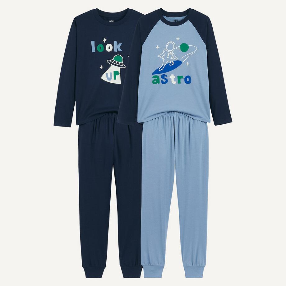 Doppelpack Baumwollpyjamas mit phosphoreszierendem Astronautenmotiv