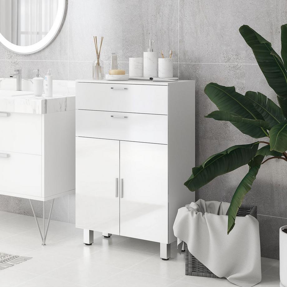 Northio Badezimmerschrank Beistellschrank mit 2 Hochglanzweiß Schubladen, Tür, Badschrank mit Verstellbarem Regal, Aufbewahrungsschrank für Wohnzimmer 60 x 30 x 93 cm |  
