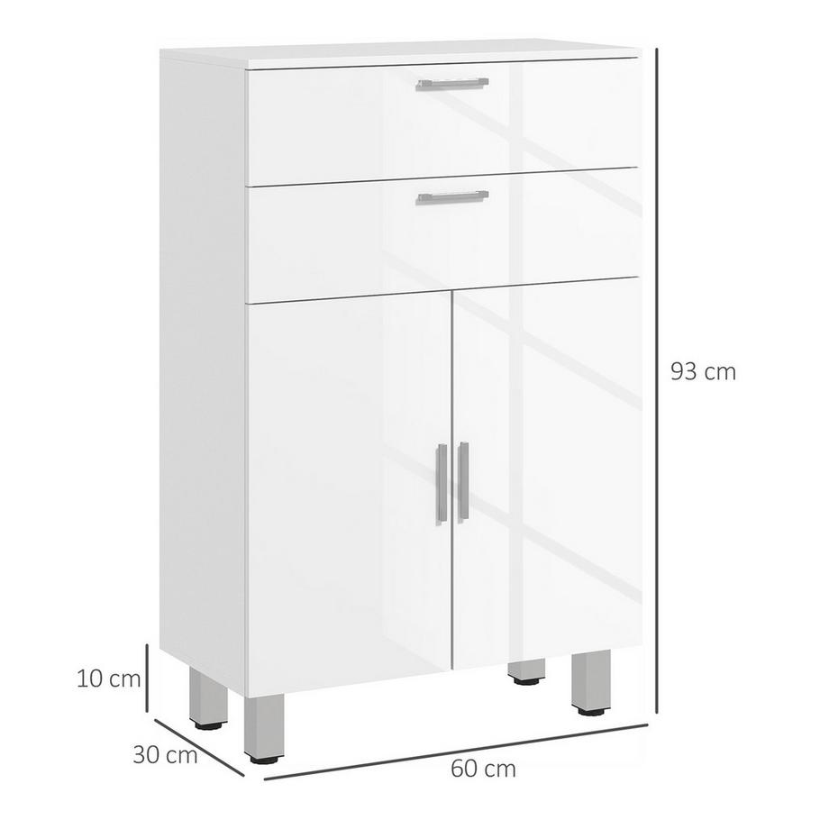 Northio Badezimmerschrank Beistellschrank mit 2 Hochglanzweiß Schubladen, Tür, Badschrank mit Verstellbarem Regal, Aufbewahrungsschrank für Wohnzimmer 60 x 30 x 93 cm |  