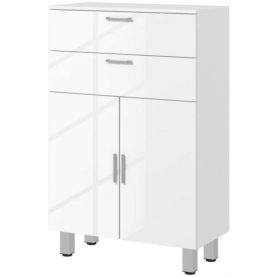 Badezimmerschrank Beistellschrank mit 2 Hochglanzweiß Schubladen, Tür, Badschrank mit Verstellbarem Regal, Aufbewahrungsschrank für Wohnzimmer 60 x 30 x 93 cm |